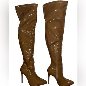 Shoedazzle Brown Shiny Thigh High Stiletto Heel Boots Size 9.5